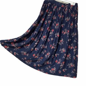 紺色花柄ギャザースカート　膝丈　ジョーゼット生地の柔らかなスカート