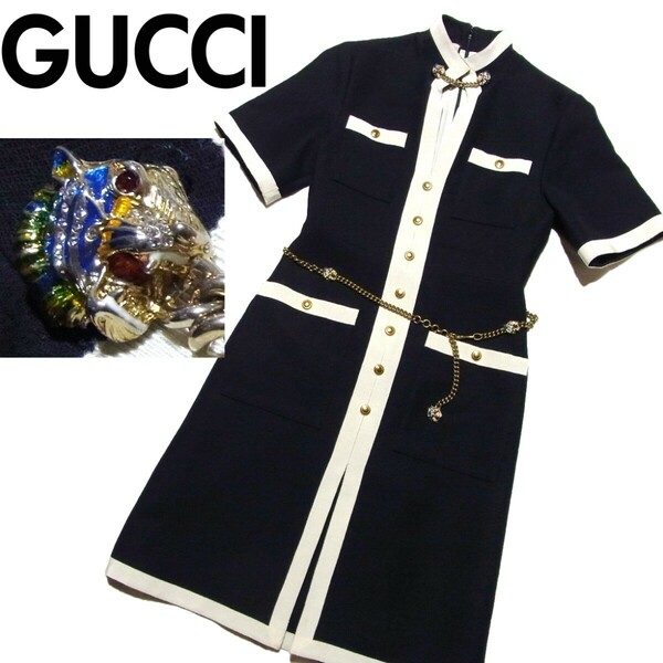 19SS GUCCI グッチ タイガー チェーンベルト付き ウール シルク ドレス ワンピース 36 ブラック x ホワイト ラインストーン 550372 ZHM88