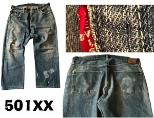 希少USA40’SビンテージLEVI'S501XXレザーパッチ★鬼ヒゲ＆ビッグE赤耳V返し裏リベ★38