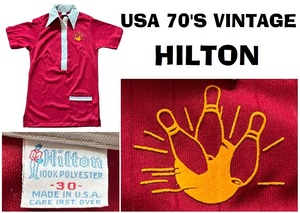 未使用USA70’Sビンテージ★ヒルトンHILTONフロッキープリント入り半袖ボーリングシャツ★30