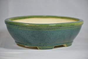 【鴻陽】 緑釉結晶下帯反縁楕円鉢　間口24.8cm　人気和鉢作家　希少品