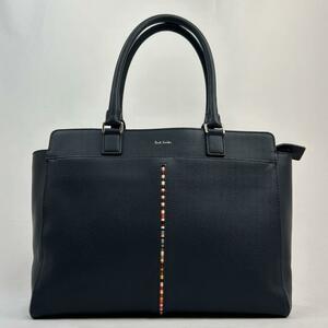 １円～【美品 現行】ポールスミス A4収納 Paul Smith ビジネス メンズ ブリーフケース ハンド トートバッグ レザー ストライプ 黒 ブラック