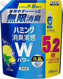 【大容量】ハミング消臭実感Wパワー 柔軟剤 しつこい汗・脂臭まで、着用中ずーっと無限消臭 スプラッシュシトラスの香り 詰替え 2,