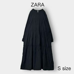 1367 ZARA＊ザラ ティアードロングワンピース 長袖 黒 S マキシ丈 ロング丈