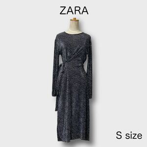 1389 ZARA＊ザラ ランダムドットロングワンピース 黒 サイドリボン 長袖 ブラック 総柄 ピンドット 結婚式 お呼ばれ 同窓会 謝恩会