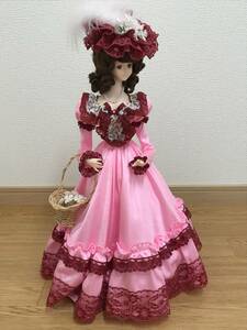レトロ　人形　女の子　ピンクのドレス　長期保管品　詳細不明　刻印なし　高さ約51.5cm
