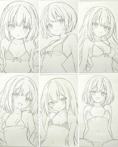 手描きイラスト ラフ画 鉛筆画 モノクロ　 女子高生　女の子　水着