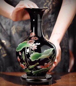 景徳鎮製　磁器　花瓶 蓮の花　蓮の葉　蓮　烏金釉　置物　装飾　古美術　インテリア　台座付き　生花　zh50