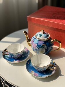 LINBERG ceramic セラミック　新品　ティーポット　ティーカップ　ソーサー　2客セット　洋食器　お祝い　プレゼント　ブルー