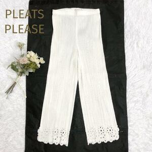 美品☆PLEATS PLEASE☆プリーツプリーズ 裾カッティングパンツ ホワイト白 サイズ3 クロップド丈