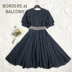 美品☆BORDERS at BALCONY☆ボーダーズアットバルコニー フレアワンピース レース VOYAGEDRESS ネイビー サイズ38 ベルト取り外し可