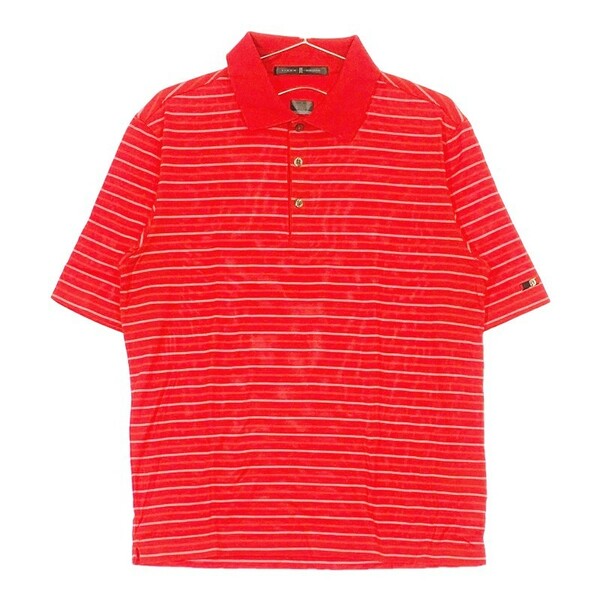 【09369】 美品 TIGER WOODS タイガーウッズ ポロシャツ 半袖 赤 レッド スポーツ ゴルフ S ストライプ ドライフィット オーバーサイズ