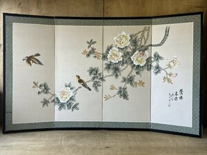 中国制造　屏風　高さ約90cm　花鳥図　牡丹に鶯　絹本肉筆