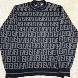  ultimate beautiful goods Fendi [ super rare model ]FENDI knitted sweater tops whole surface Zucca pattern FF Logo gray men's size 50(XL rank )