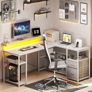 [ assembly easy LED light attaching computer desk ] drawer attaching ge-ming desk outlet attaching l character desk desk genuine . white 