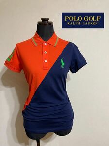 【美品】 Polo Ralph Lauren golf ポロラルフローレン ゴルフ レディース ビッグポニー ピマコットン ポロシャツ サイズXS 半袖 ネイビー橙