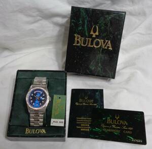 【未使用品/不動品】■BULOVA ブローバ 93191 クォーツ デイデイト メンズ 腕時計ラインストーン シルバー ブルー文字盤 元箱付