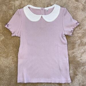 エニィファムの襟付き半袖カットソー　130サイズ　お出かけにも！　くすみピンク　メロウ袖　リボン付き　女の子 半袖Tシャツ 
