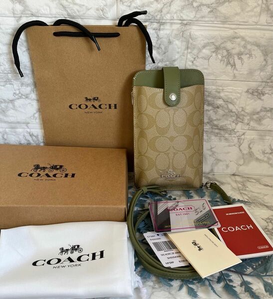 COACH スマホショルダーバッグ　カーキ×ベージュ　新品