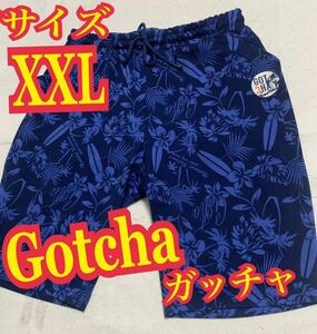 Gotchaガッチャ　ハーフパンツ　アロハ　ブルー　総柄　刺繍ロゴ　XXLサイズ