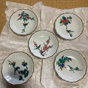 (未使用品)九谷焼 花鳥柄 絵変わり小皿5個