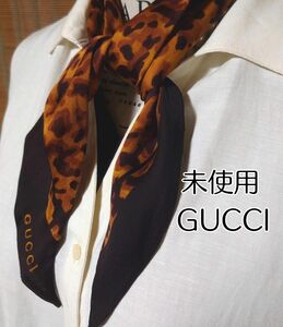 ■超美品■ GUCCI グッチ■ブラウン系レオパード柄シルクスカーフ リボンタイ ツイールスカーフ■