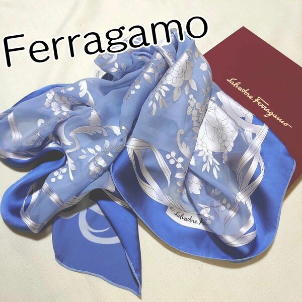■Ferragamoフェラガモ■ブルー系透かし模様シルク大判スカーフ■ 総柄 大判 正方形