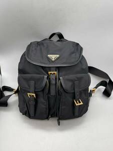 Y05013 PRADA プラダ リュックサック バックパック 三角ロゴ ゴールド金具 黒 