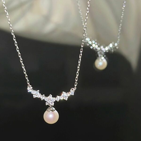 レディース　パール　ネックレス　シルバーネックレス　鎖骨　シーブルー　ダイヤ　 アクセサリー　おしゃれ　可愛い　ダイヤモンド