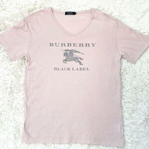 【美品 L】BURBERRY BLACK LABEL バーバリーブラックレーベル Tシャツ カットソー 半袖 ビッグロゴ プリント Vネック ピンク サイズ3