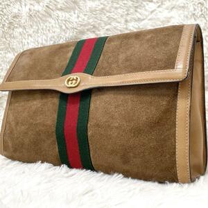 [ rare color beautiful goods ]OLD GUCCI Old Gucci second bag clutch bag Sherry line puff .-m suede leather GG pattern Brown tea 