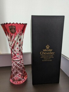 ◆未使用 カメイガラス 花瓶 赤色 切子 KAMEI GLASS crystal Chevalier クリスタルシュバリエ 元箱あり