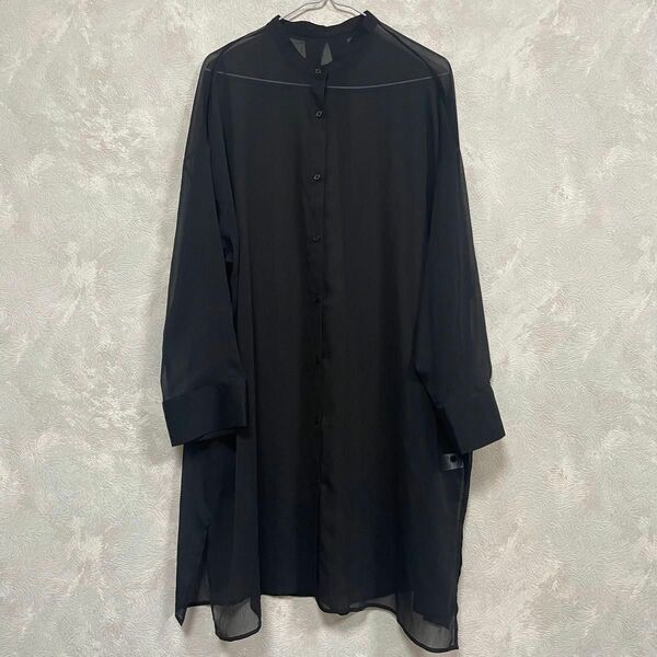 【美品】GU ジーユー シアー バンドカラー ロングシャツ ブラック 黒 L