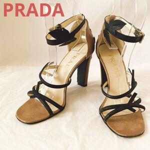 プラダ PRADA ストラップサンダル 23.5cm レディース靴　サンダル　ブランド　ハイヒール　ベージュ ブラック　36.5　23　23.5