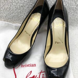 Christian Louboutin クリスチャンルブタン エナメル　オープントゥ ハイヒール ブラック　22.5cm 保存袋付