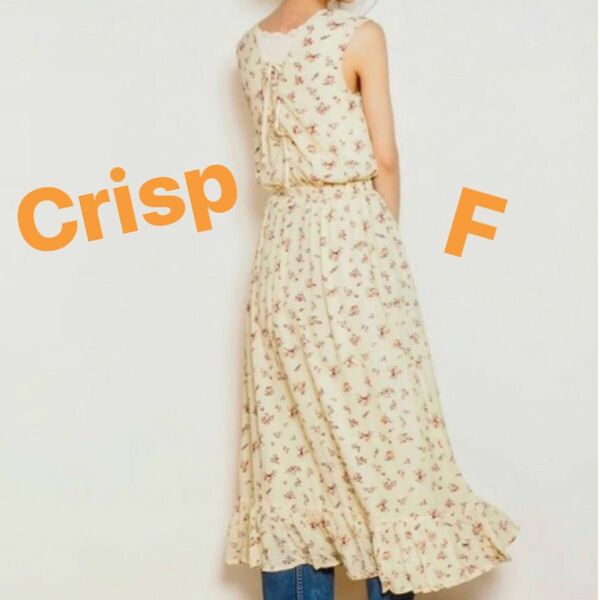 Crisp小花柄 ロングワンピース フリーサイズ　ノースリーブ 総柄 ドレス　春夏秋　ウエストマーク　ゆったり　ペチコート付