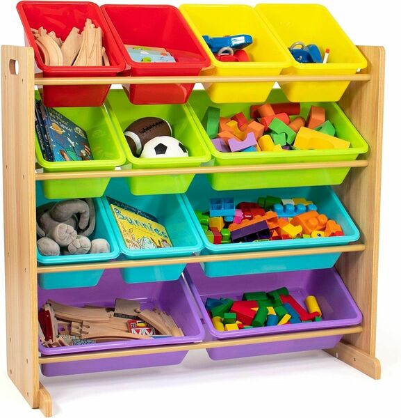 おもちゃ 玩具 収納 ボックス 棚 オーガナイザー レインボー/ナチュラルウッド 12個の収納箱付き