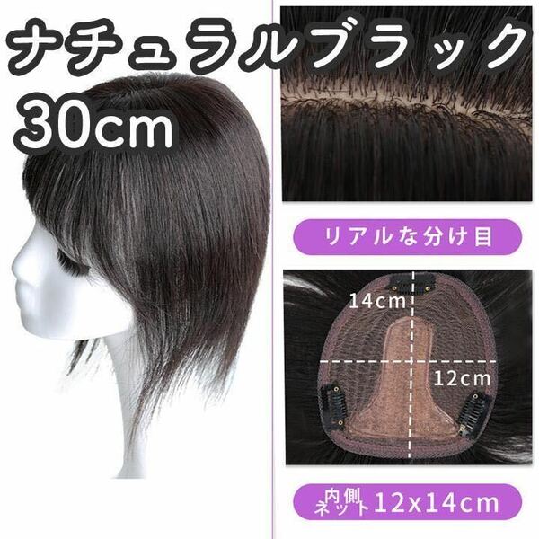 人毛100% 部分ウィッグ ヘアピース 頭頂部 ナチュラルブラック【30cm】