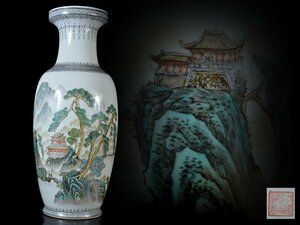 【雲】逸品 中国美術 古玩 中国景徳鎮製 粉彩楼閣山水漢詩絵付花瓶 壷 在銘 古美術品(花器) AA4903y OTD9t78gf4