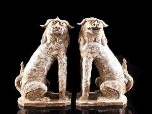 【雲】某寺院買取品 時代 希少 古瀬戸 細密彫刻 狛犬 獅子 阿吽像 置物 一対 古美術品(旧家蔵出)Y502 DTbhgf