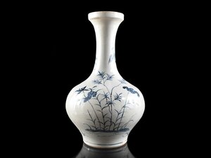 【雲】某名家買取品 韓国 李朝 染付花鳥絵付花瓶 花入 高さ34.3cm 古美術品(初期伊万里中国朝鮮美術)Y623 UTDkjn