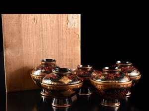 【雲】某収集家放出品 漆器 梅金蒔絵吸物椀 5客 直径10cm 箱付 古美術品(秀衡塗懐石料理道具)Y701 OTnh41