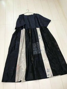 多種大島紬ギャザー切り替えワンピース★着物リメイク★ハンドメイド★★ロングワンピース★ゆったり大きめ★半袖