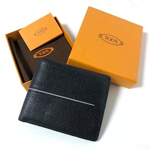  two point and more free shipping! T048 made in Italy [ beautiful goods / box attaching ] Tod's TOD'S leather folding twice purse . inserting card-case change purse . equipped men's black black 