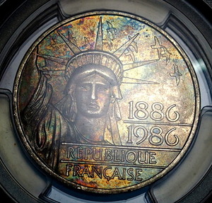 【芸術的トーン！】フランス 1986年 自由の女神 100フラン ピエフォー パターン 銀貨 PCGS_SP66