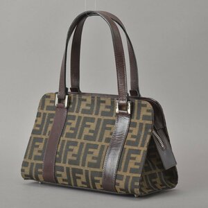 1円 美品 FENDI フェンディ ズッカ ハンドバッグ ジャガード レザー ブラウン ヴィンテージ トート 手提げ 自立 FF金具 ロゴ柄 鞄 Me.a