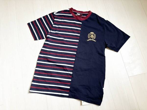 新品 Tommy Hilfiger COLLECTION ヒルフィガー コレクション Tシャツ カットソー 再構築 ボーダー ロゴ刺繍 半袖 紺 ネイビー M △5