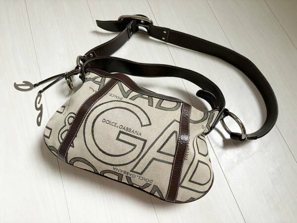 レア DOLCE&GABBANA ドルチェ＆ガッバーナ D&G バッグ ショルダー サドル ロゴ キャンバス レザー コンビ ベージュイタリア △5