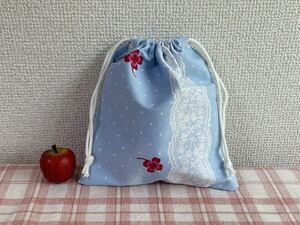 ハンドメイド*シンプル巾着袋 *エコバッグ収納袋・レジ袋収納・小物整理等に☆ チェリーとクローバー*ブルー*18cm×17cm ♪