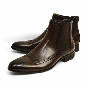 新品■26.5cm ビジネスブーツ 革靴 サイドゴア フォーマル イタリアン メンズ ショートブーツ ヴィンテージ ウイングチップ Zeeno 男 靴